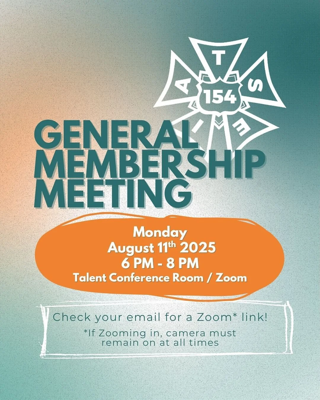 📌AUGUST MEETING📌

See you tonight in person or on Zoom!

__

📌REUNI&Oacute;N DE AGOSTO📌

&iexcl;Nos vemos esta noche en persona o por Zoom!
_____
#Accessibility

Image Description: A teal, orange and white graphic with the IATSE 154 logo on it.

