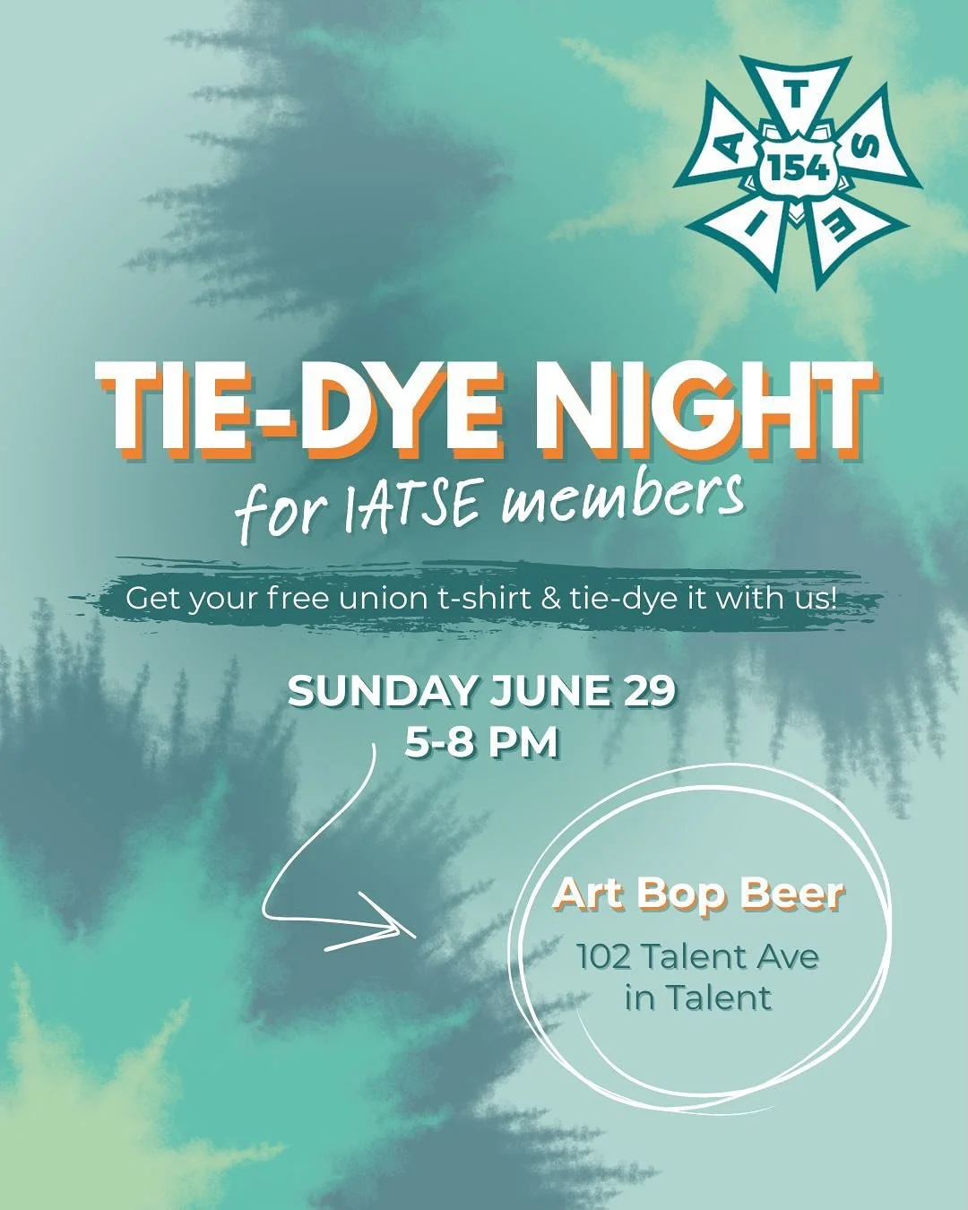 IATSE 154 TIE-DYE PARTY 🎨

Get your free union shirt and give it a custom dye job! 

&mdash;

IATSE 154 FIESTA TINTE 🎨

&iexcl;Consigue gratis tu camiseta sindical y dale un tinte personalizado!