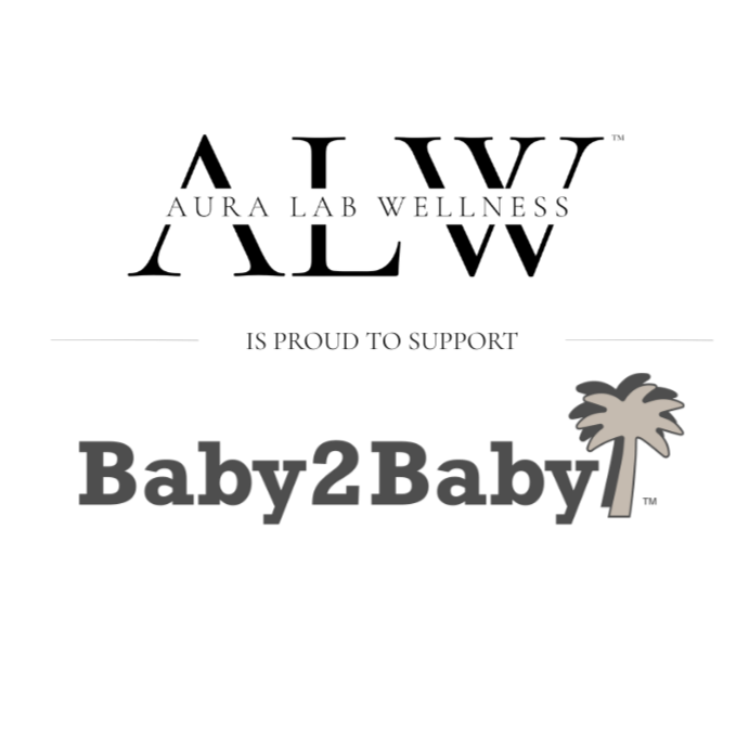 Black and white text supporting Baby2Baby organization, featuring a palm tree graphic.
