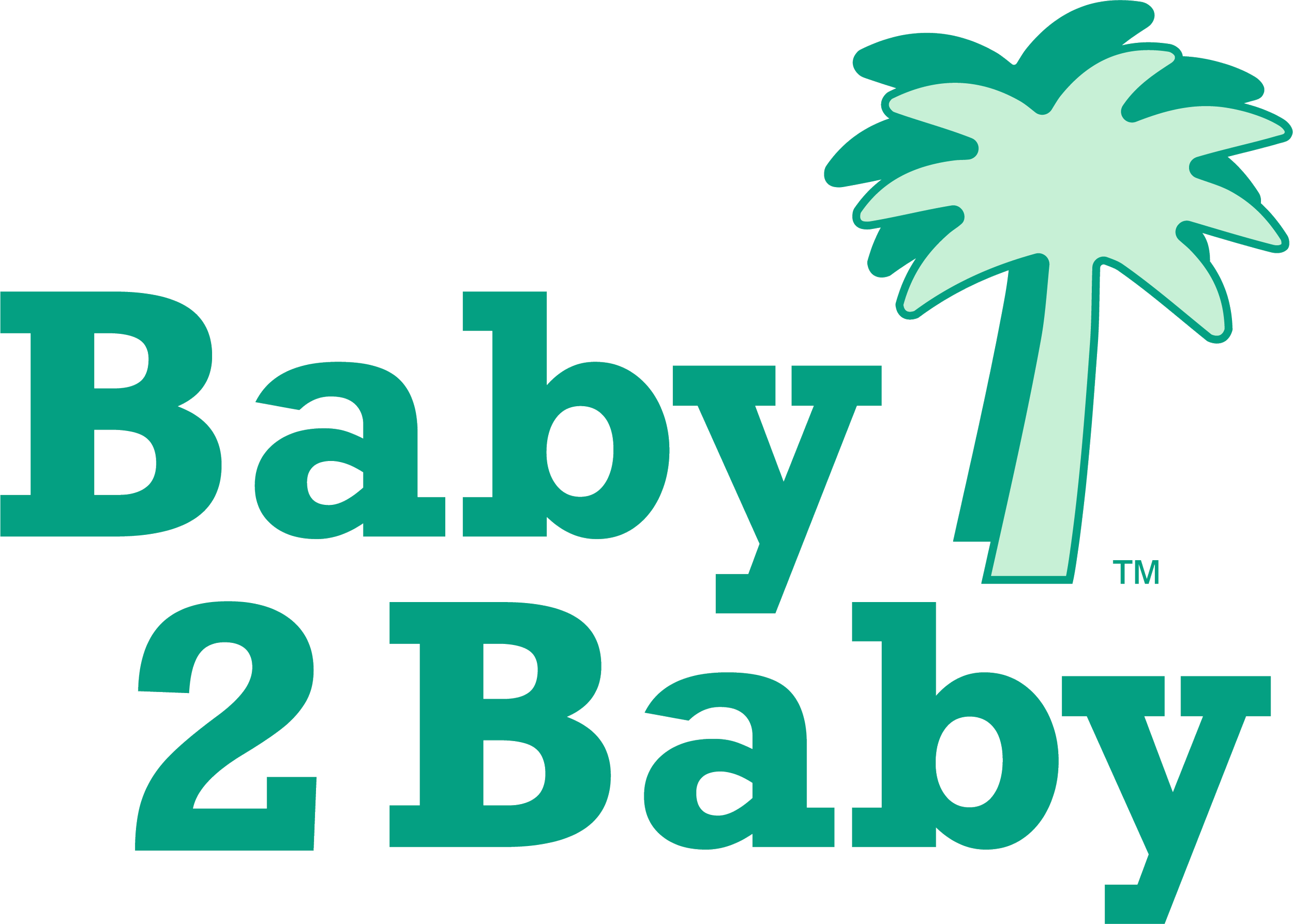 Logo for Baby 2 Baby featuring teal text and a palm tree icon.