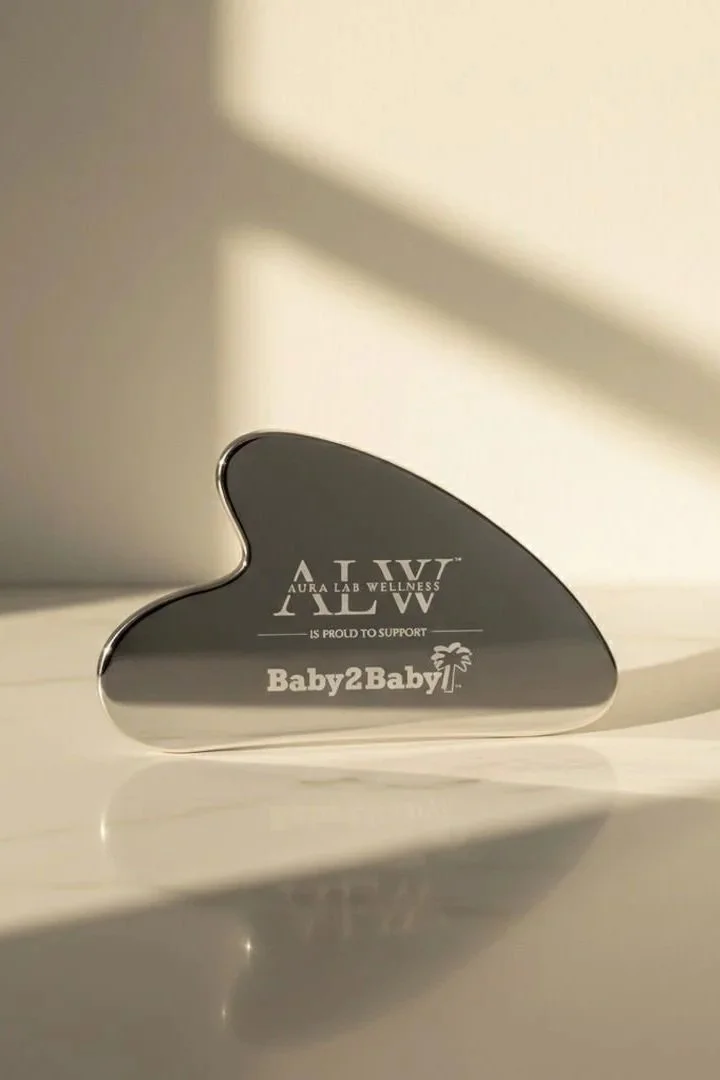 A silver whale-shaped object with text supporting Aura Lab Wellness and Baby2Baby, placed on a white surface in front of a light-colored wall.