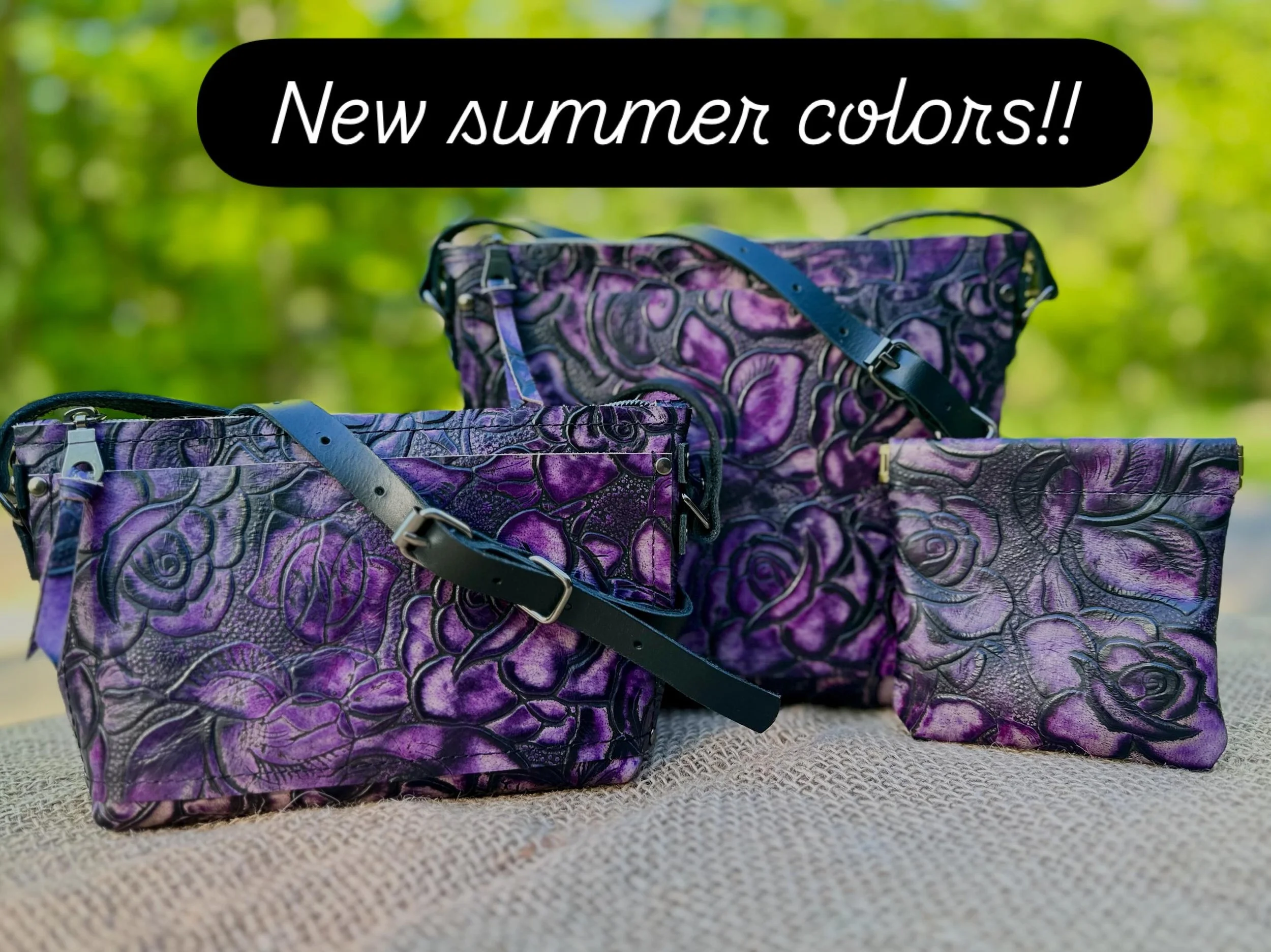 I&rsquo;ve added two new leather colors to my collection! Pictured are the Maureen &amp; Kim crossbody style bags and my large spring wallet in Rose Purple &amp; Flamingo. These bags (and other styles) are available in many other leather colors. Come