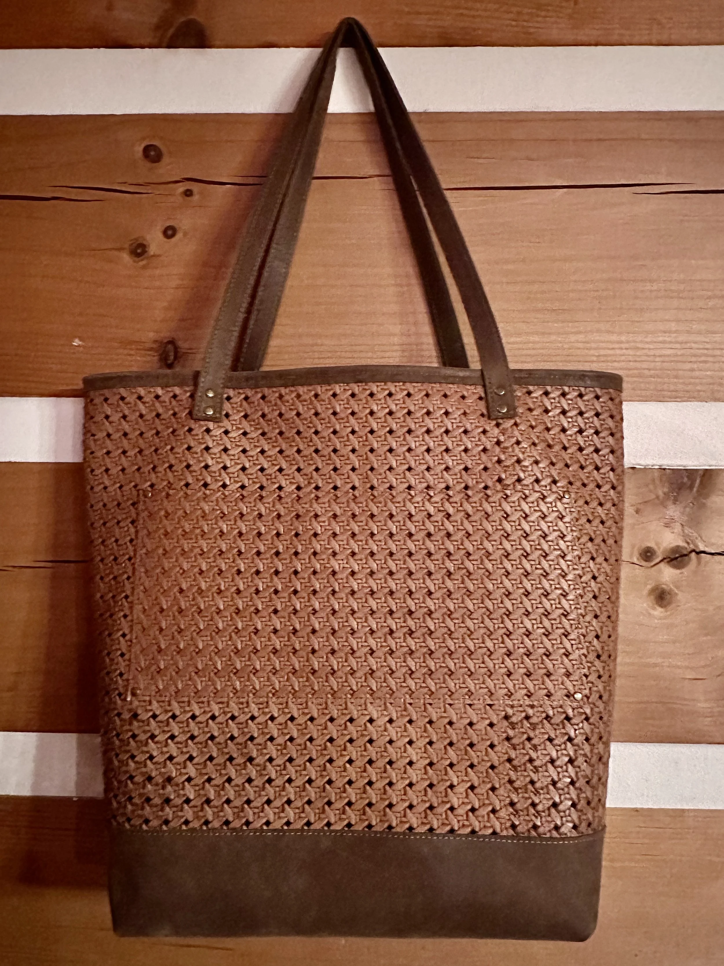 Beach Bag - Embossed Open Weave Tan Leather - 2 tone