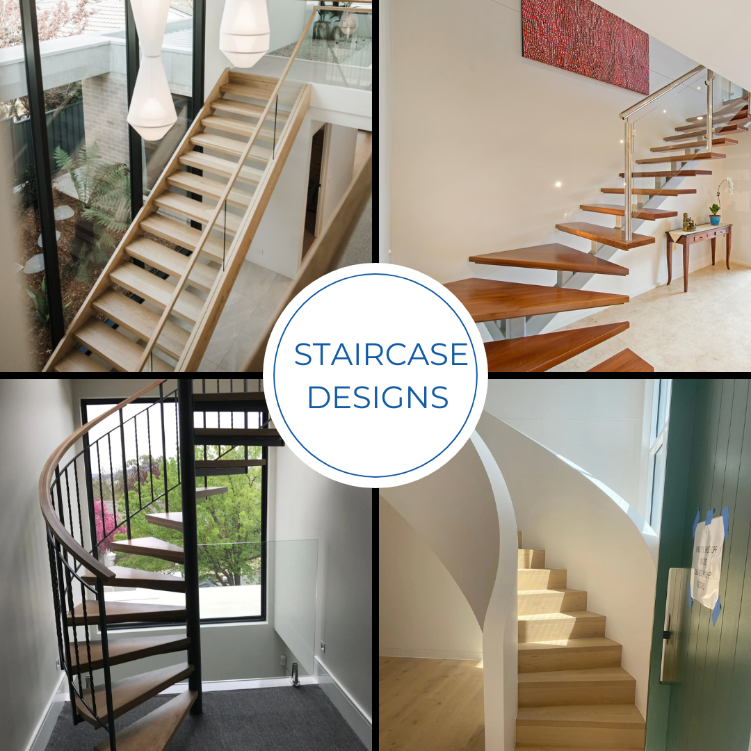 Collage of four different staircase designs in modern homes, featuring various materials and styles, with the text 'Staircase Designs' in the center.