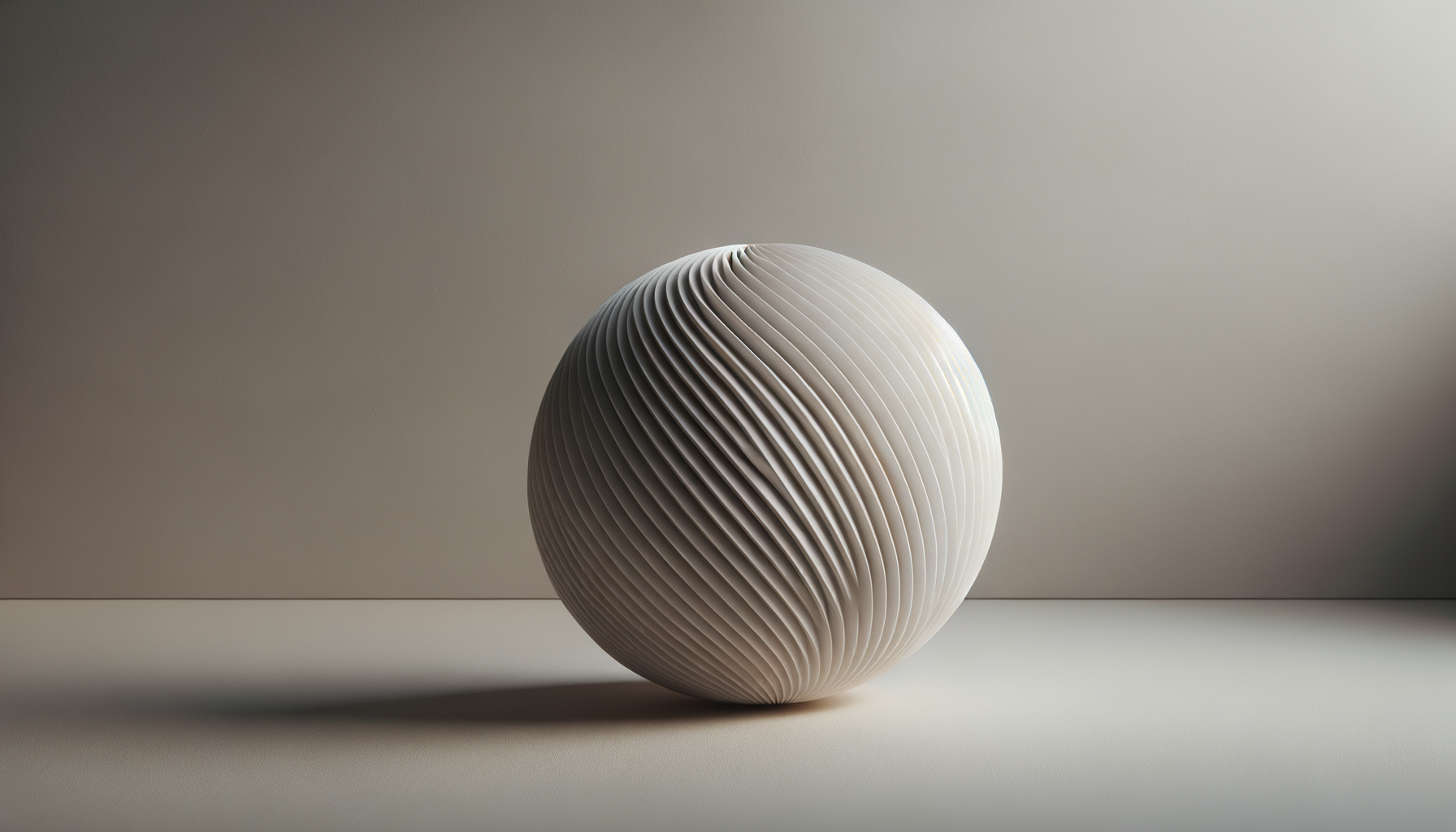 A white spherical decorative object with ridged, swirling lines, placed on a neutral-colored surface against a plain background.