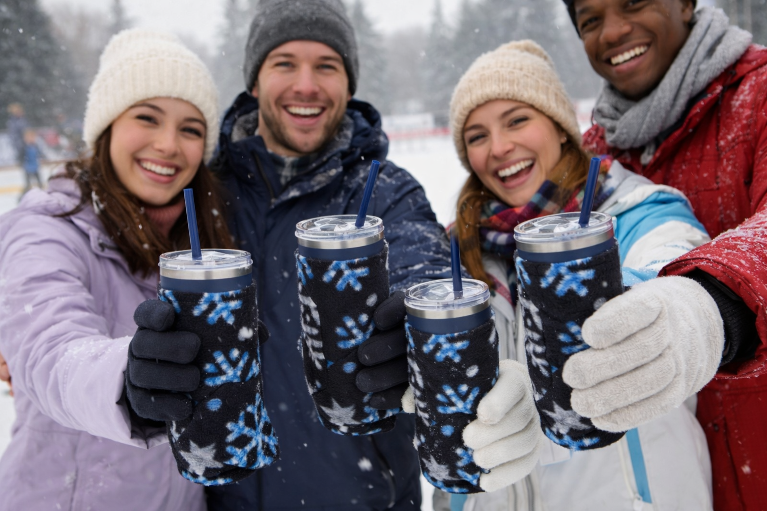 Group of four friends in winter clothing smiling and holding their Mug Mittens with snow in the background.