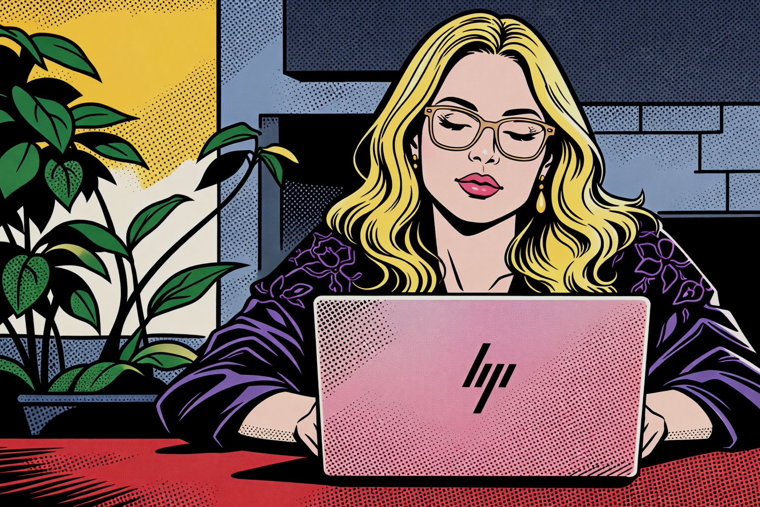 A woman with blonde hair and glasses working on a laptop in a room with a potted plant and a brick wall background, illustrated in a comic book style.