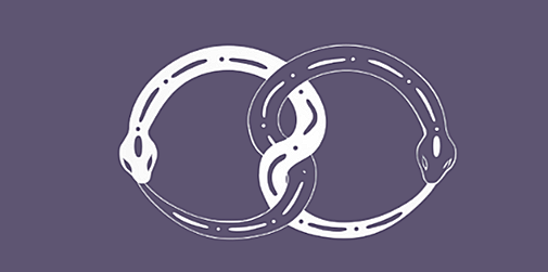 Logo of two intertwined snakes (ouroboroi) on a purple background.