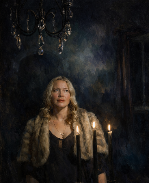 A woman with blonde hair wearing a fur coat, sitting at a table illuminated by three lit candles, with a chandelier hanging above and a dark, vaguely gothic painted background.