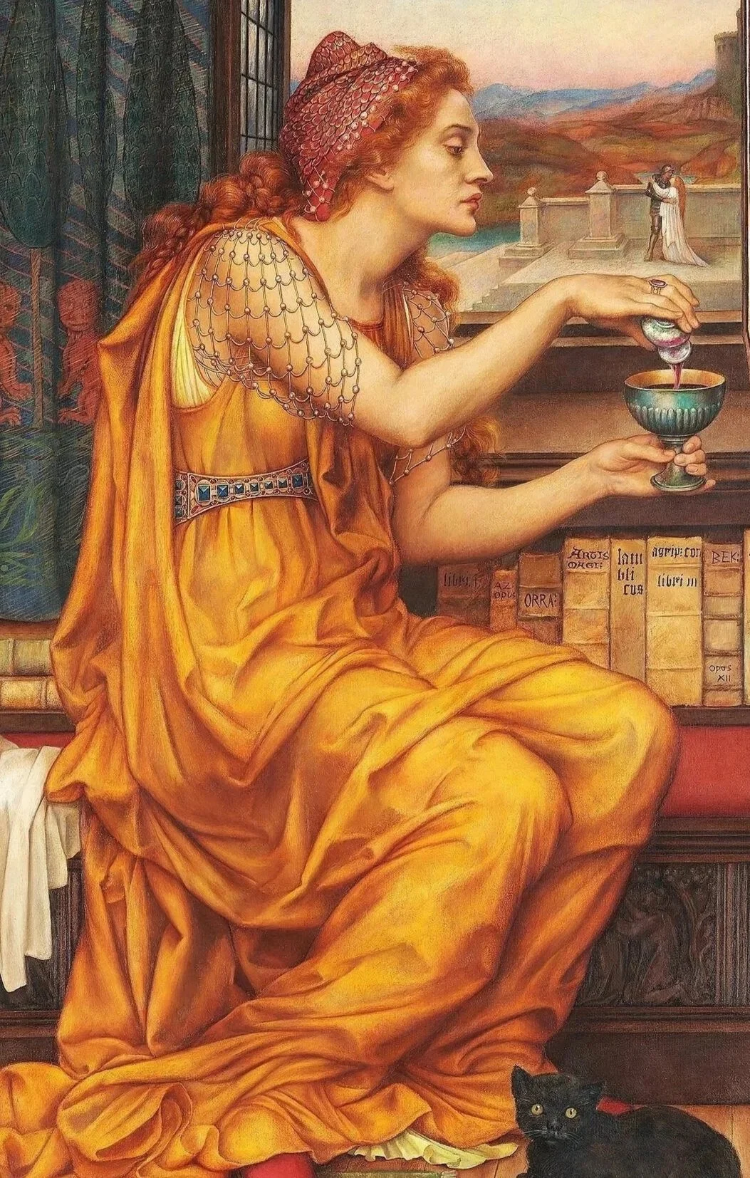 A woman with red hair wearing a yellow robe, sitting and pouring a liquid from a small container into a chalice, with a black cat at her feet. Behind her is a landscape and a small scene of two figures dancing.