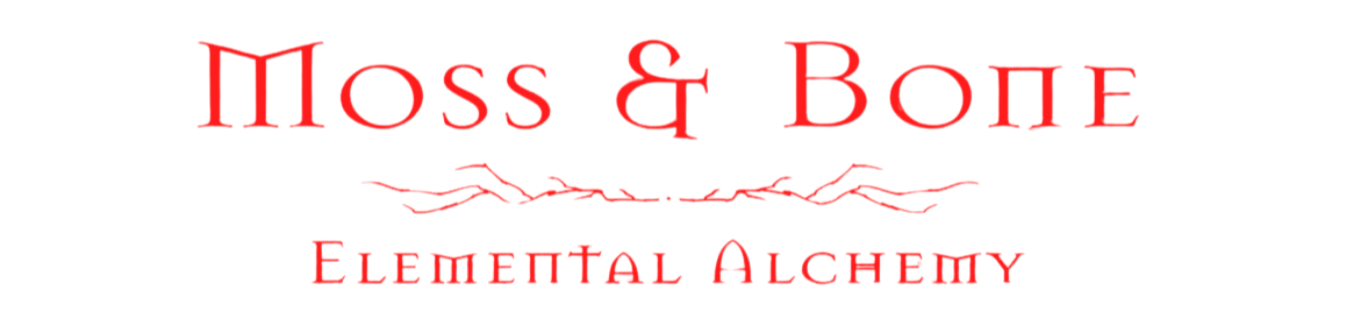 Moss & Bone logo in red and black with the words 'Elemental Alchemy' below a stylized vine or branch.