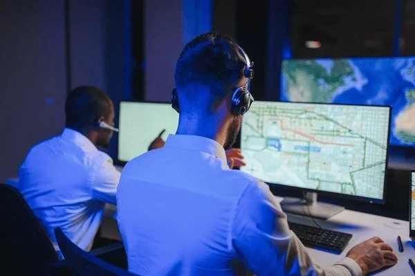 Two men working at computer stations with large monitors displaying maps and data, in a dimly lit control room.