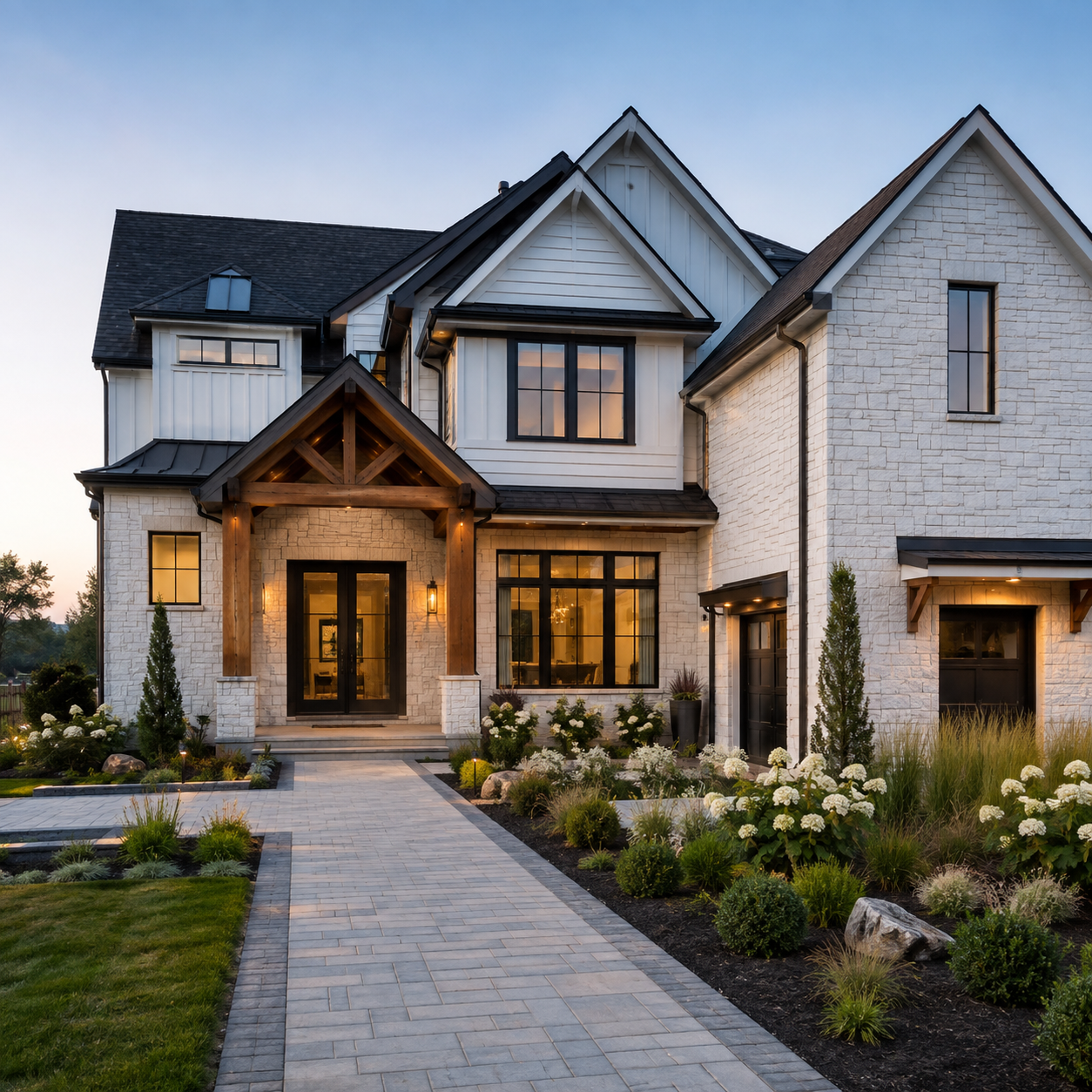 A modern two-story house with white brick and wood accents, large windows, and a landscaped front yard at dusk.