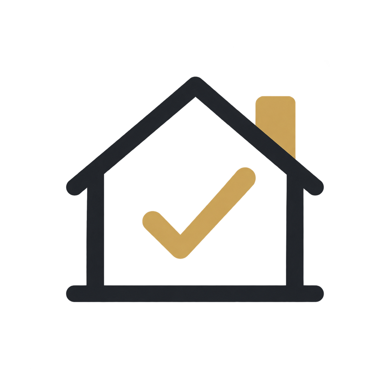 A black house-shaped icon with a beige checkmark inside, overlaid on a stylized American flag background.