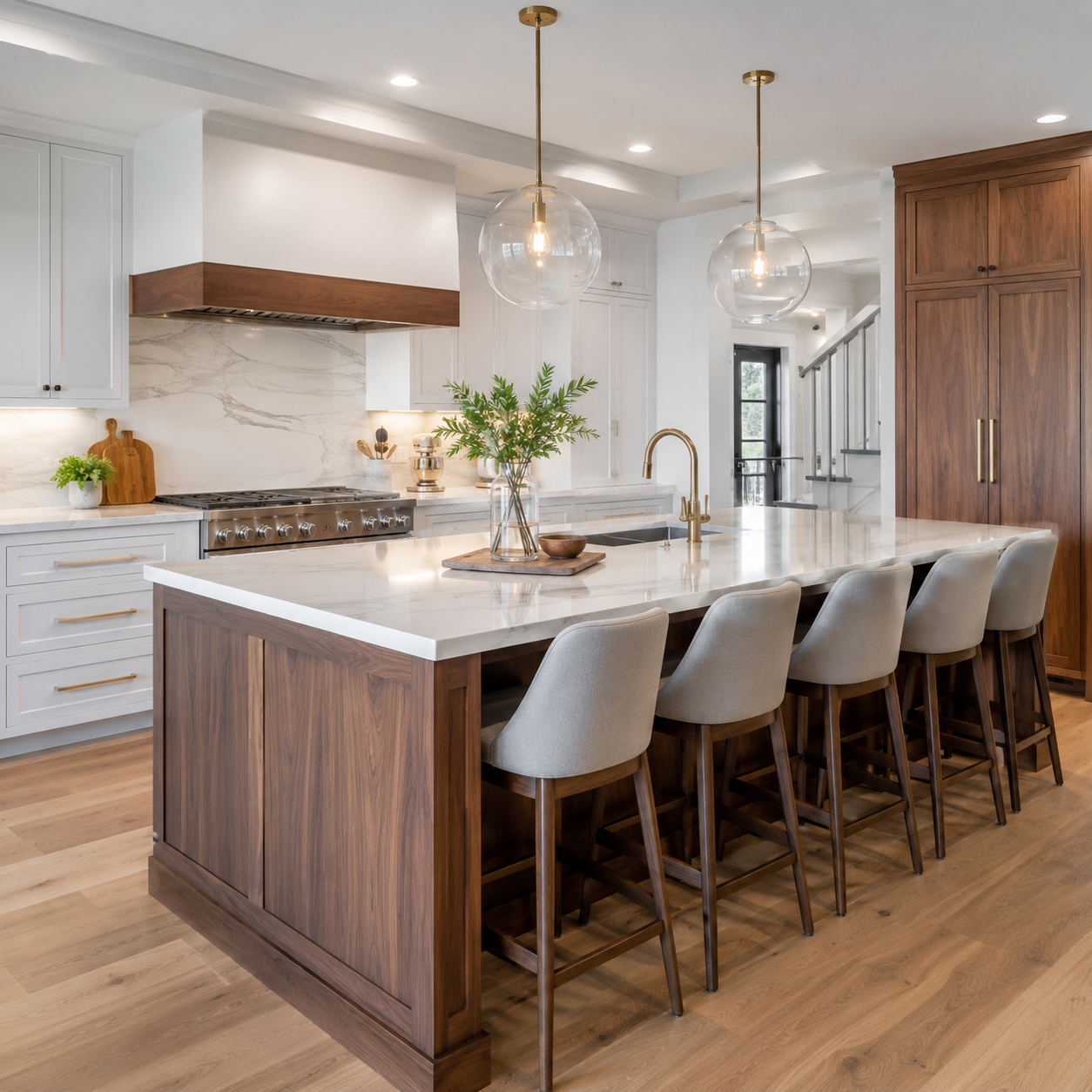 Modern kitchen with white and wood cabinetry, marble countertops, a large island with barstools, pendant lighting, and stainless steel appliances.