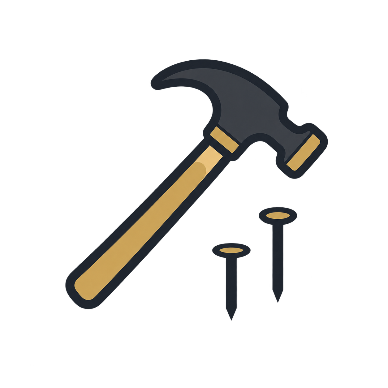 Illustration of a hammer with nails. The hammer has a black head with a small shiny reflection and a handle with a beige stripe, along with two nails positioned below it.