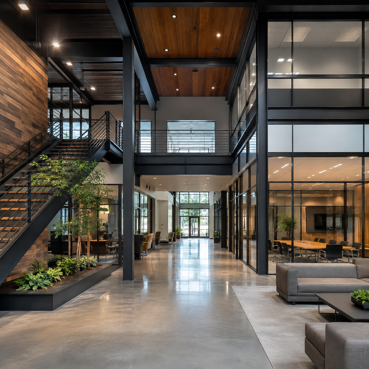 Modern office lobby with high ceilings, large glass windows, wooden accents, and a mix of seating and greenery.