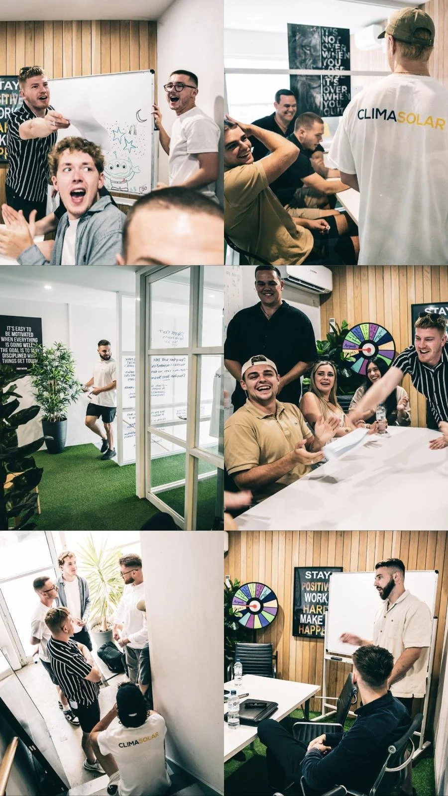 A collage of five photos depicting a group of young professionals and team members in an office environment. They are engaged in meetings, discussions, and activities, enjoying a positive and collaborative atmosphere with motivational posters and a prize wheel in the background.