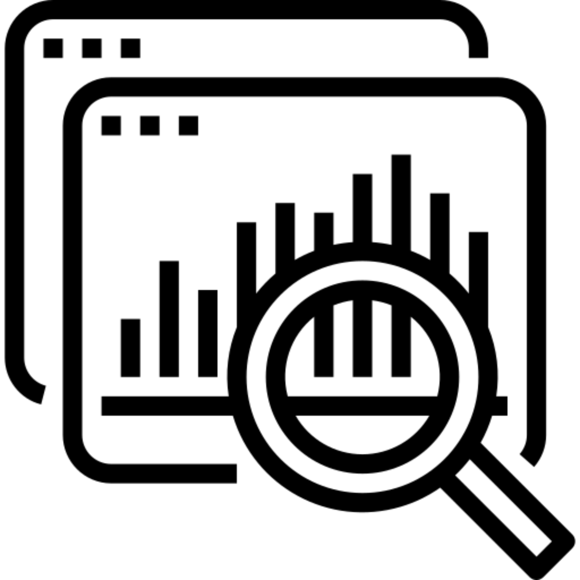 Icon depicting data analysis with charts on screens and a magnifying glass.