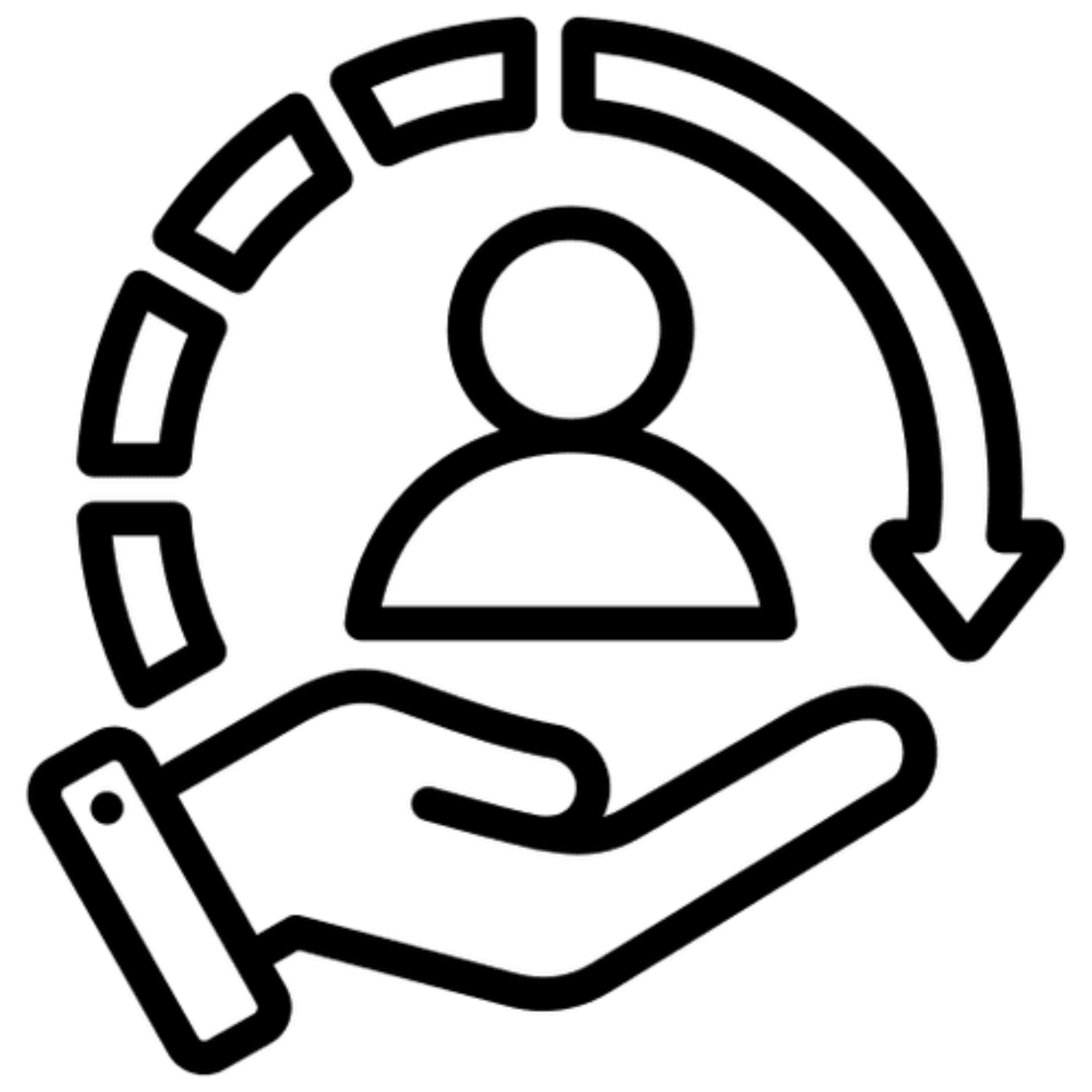 Icon of a hand holding a person with an arrow encircling the person, representing user data or account management.