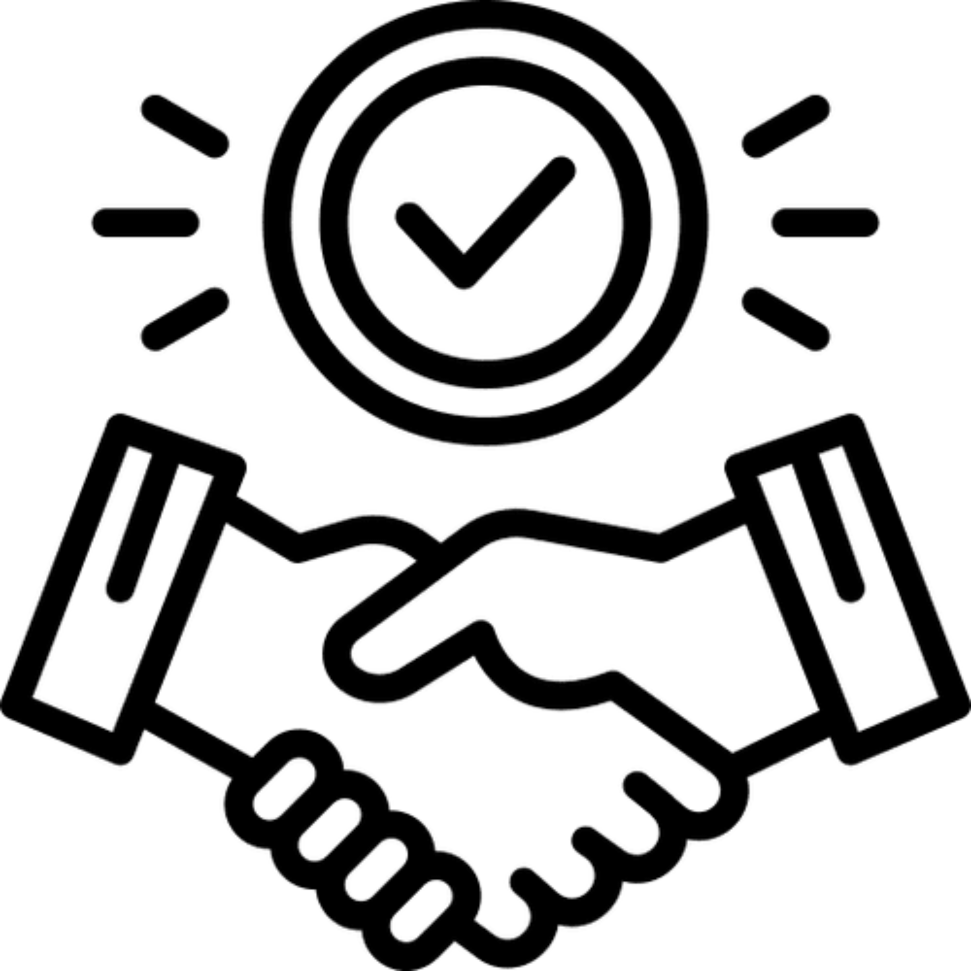 Line drawing of two hands shaking, with a checkmark inside a circle above them, symbolizing agreement or partnership.