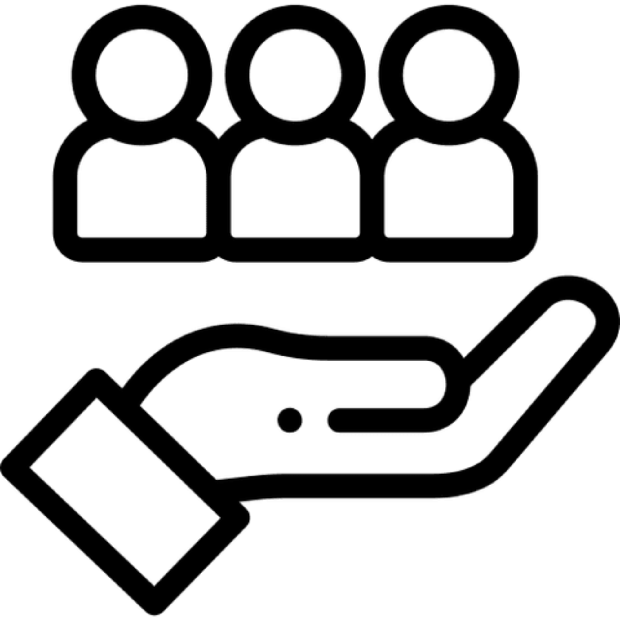 Outline icon of a hand holding up a group of three people