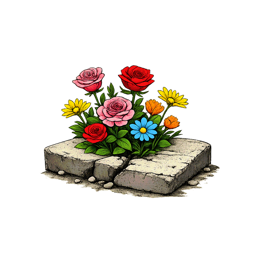 Colorful flowers growing from a crack in a concrete slab.