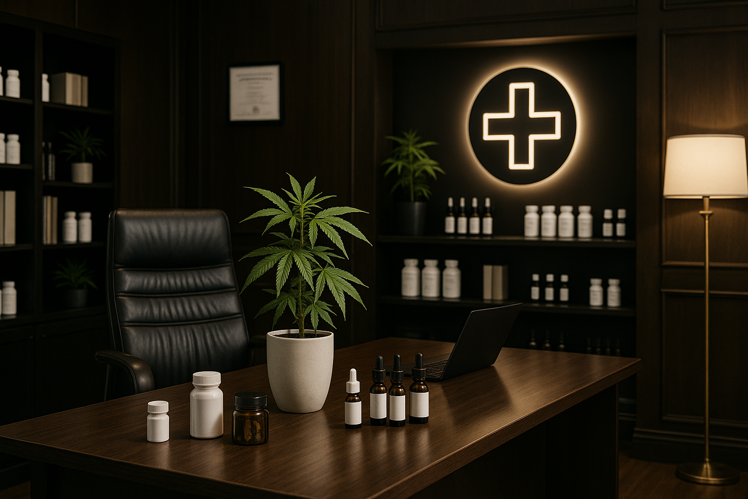 Ambiente clínico moderno com design institucional, mesa de trabalho, estantes com frascos laboratoriais e identidade visual voltada à cannabis medicinal e matérias-primas farmacêuticas.