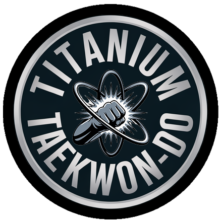 Logo with the words "Titanium Taekwon-Do" encircling an atom with a fist at the center.