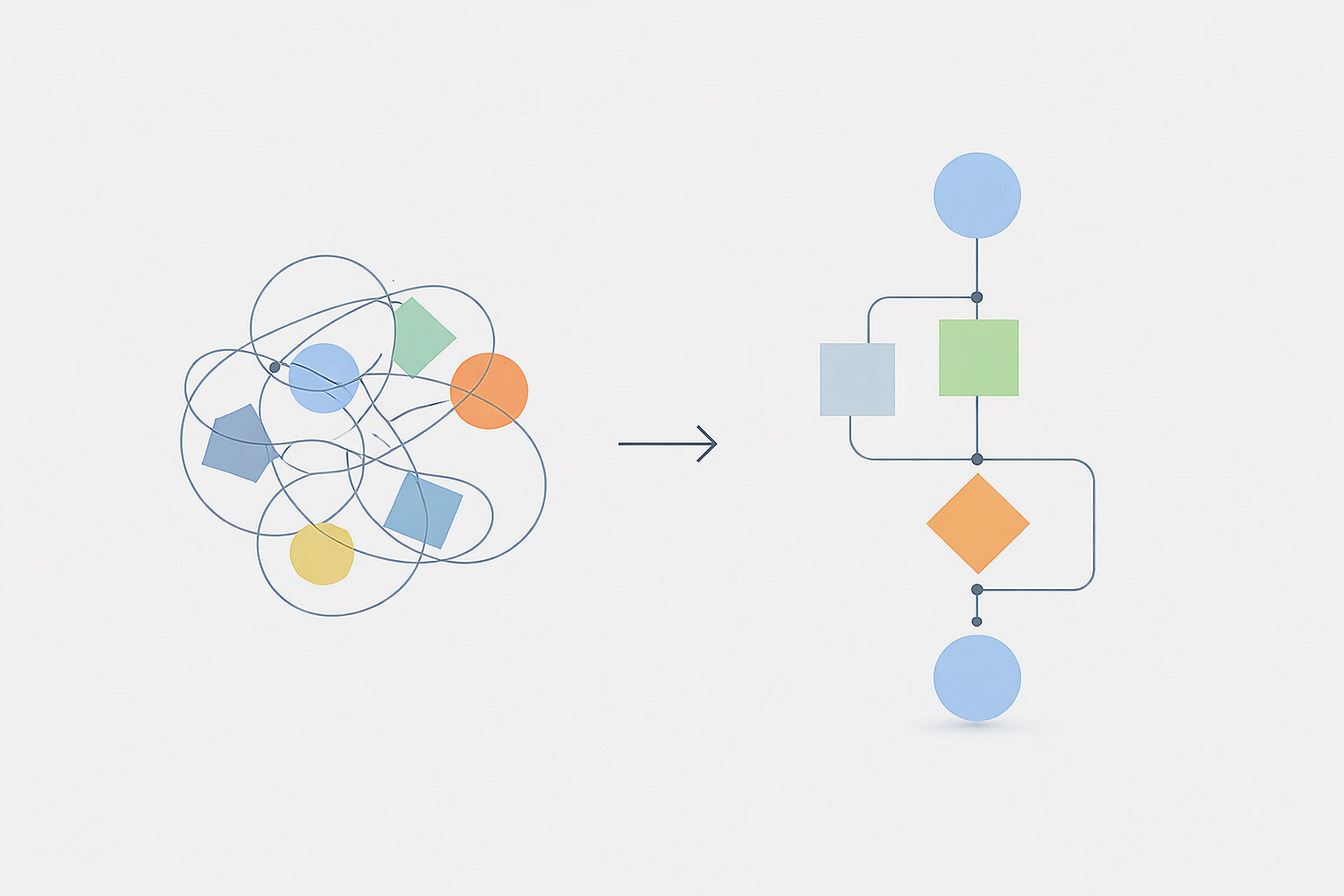 Diagram showing a transition from a chaotic, tangled collection of shapes to an organized flowchart with connected shapes.