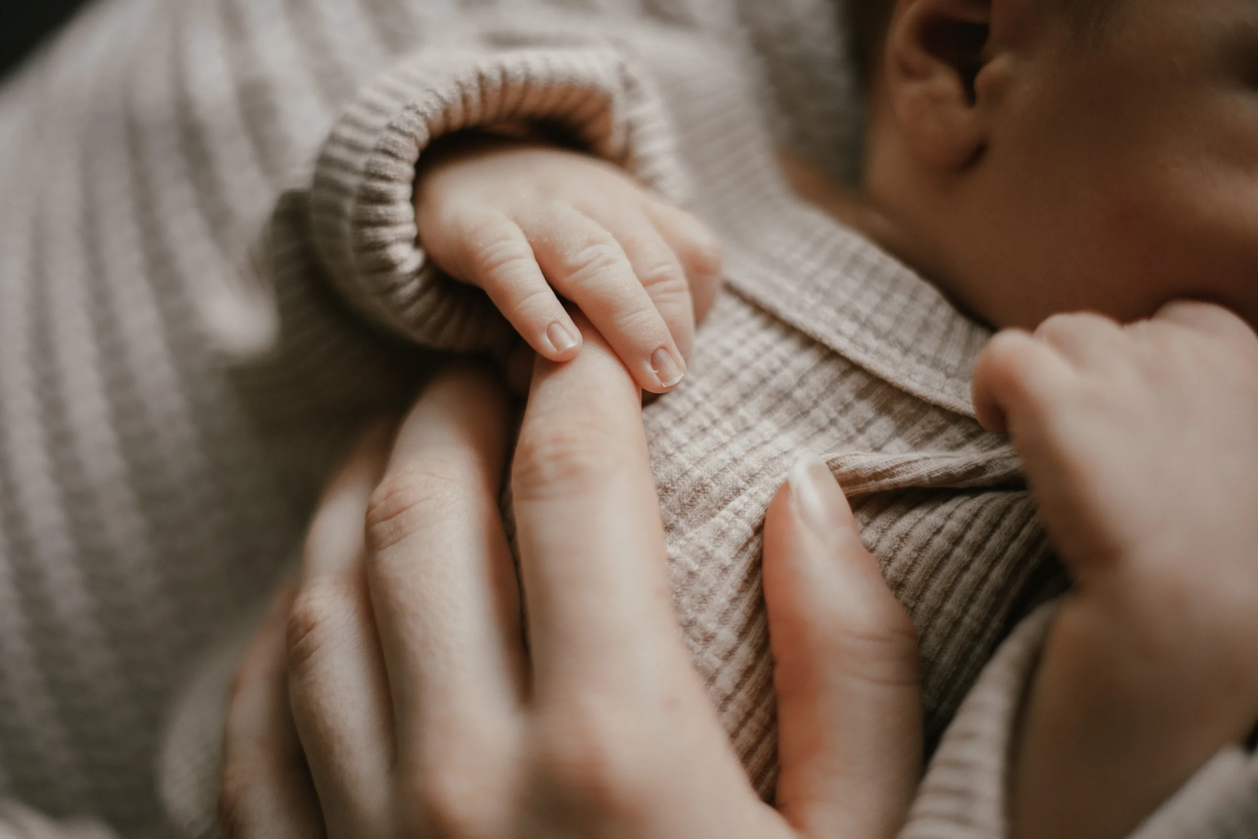 Close-up of a small child's hand gently holding an adult's finger.