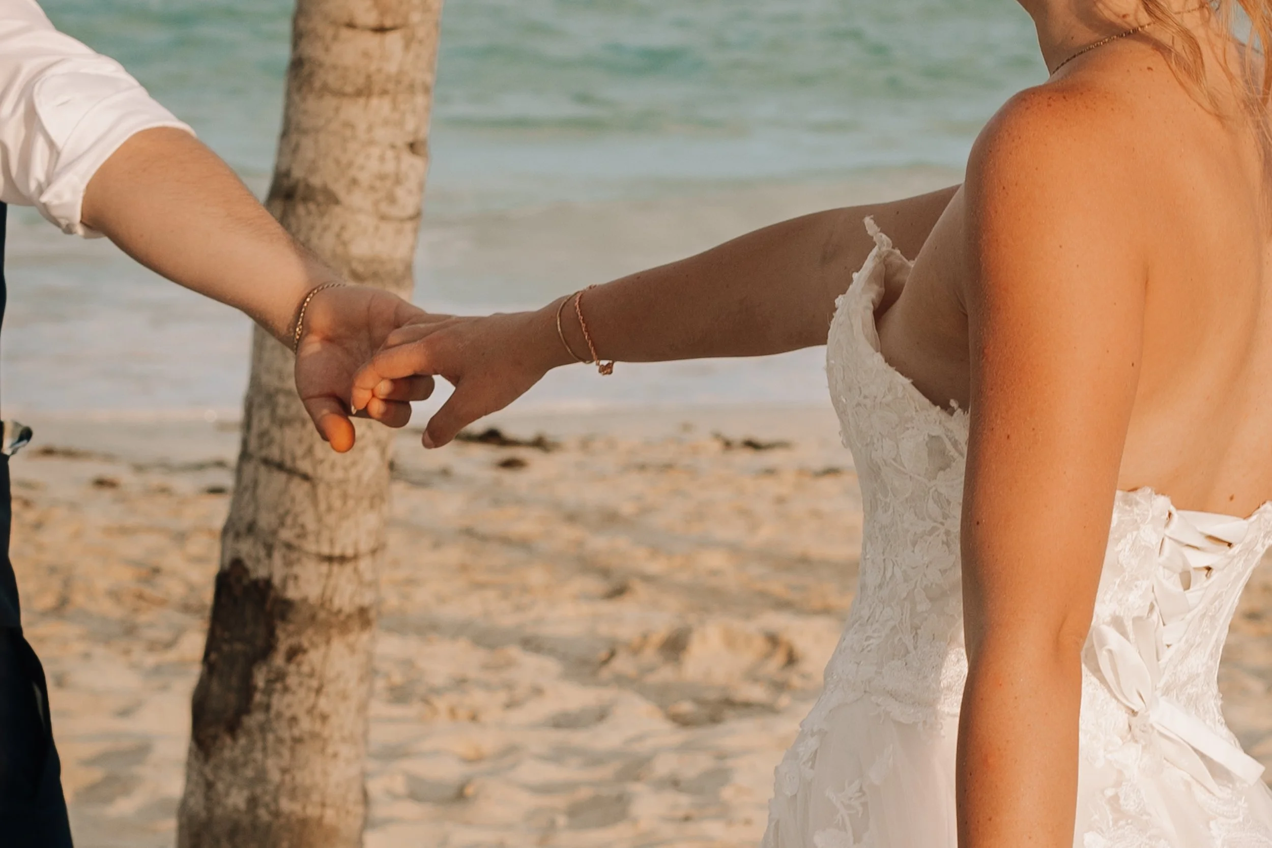 A couple holding hands with their fingers intertwined, on a beach during sunset, with a palm tree in the background.