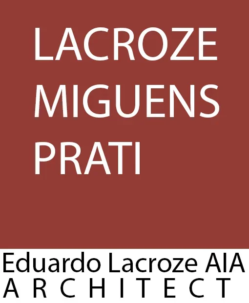 Text-based logo with maroon background reading "LACROZE MIGUENS PRATI" and "Eduardo Lacroze AIA ARCHITECT" in black and white.