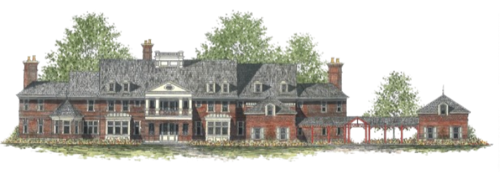 Large historic brick mansion with multiple gables, trees in the background, and a small gazebo on the right side.