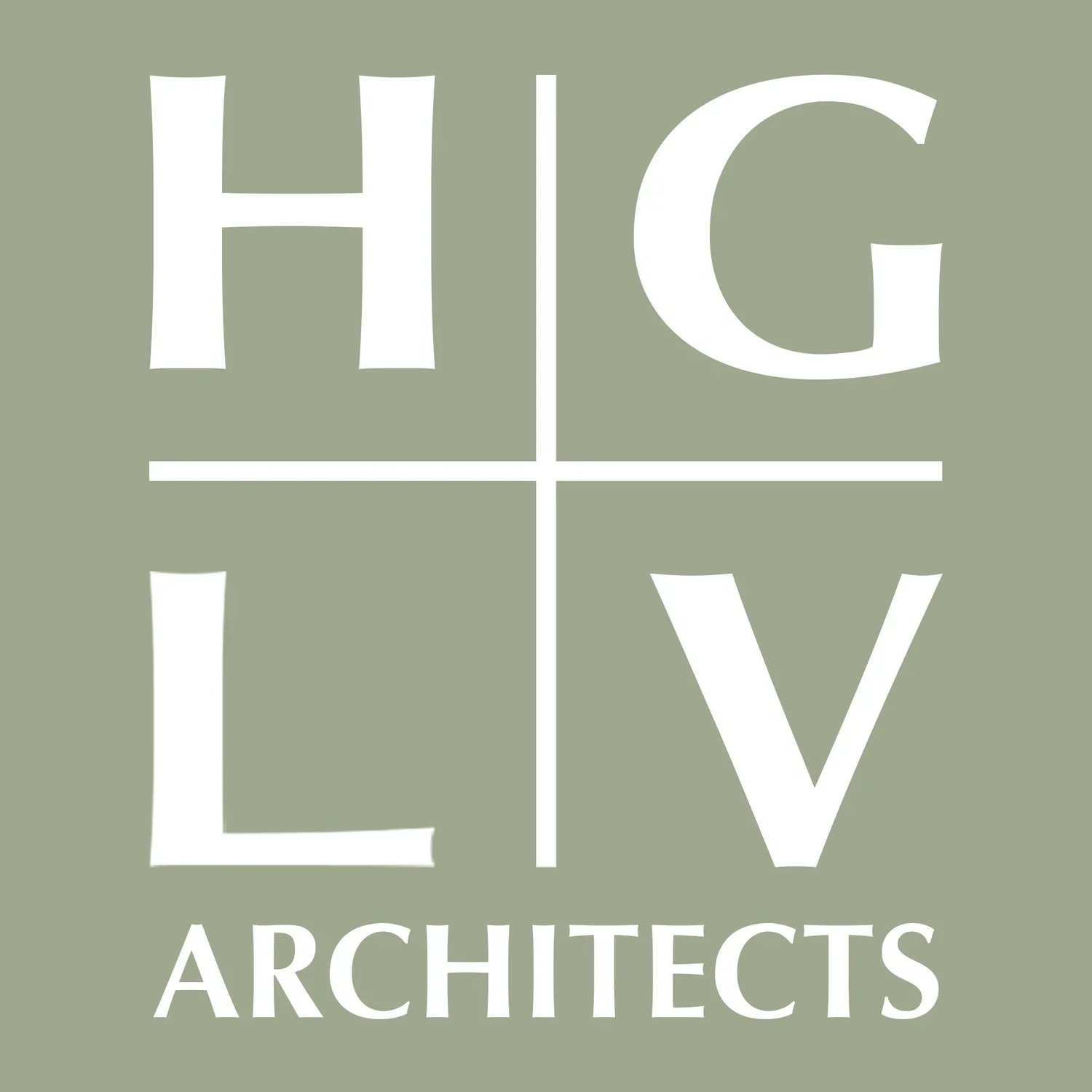 Logo for HGLV Architects, with the letters H, G, L, V arranged in a cross pattern on a grayish-green background.