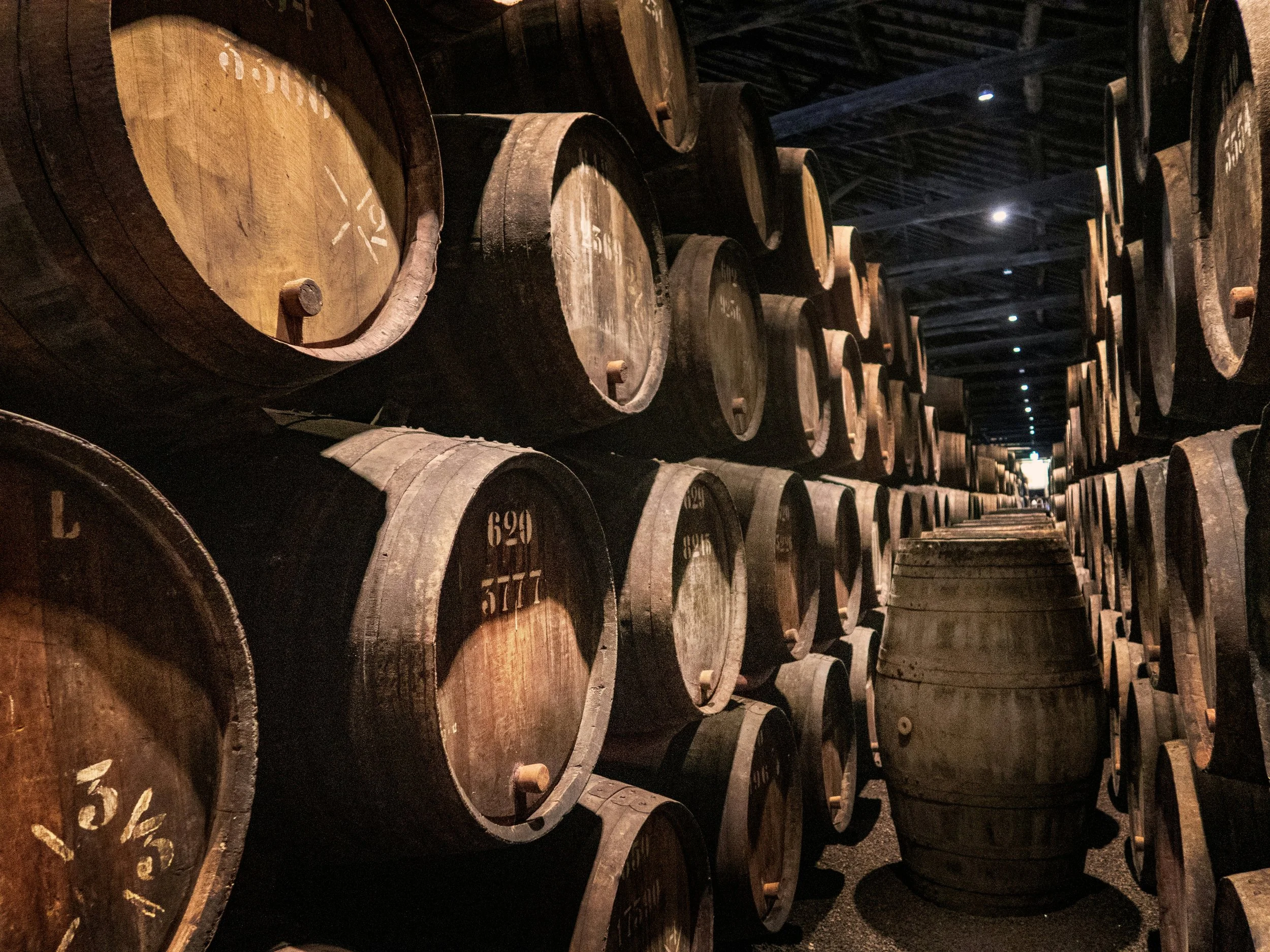 Rows of stacked wooden wine barrels in a dimly lit cellar in vineyard cellar in Chile, part of Chilean Wine Uncovered personalized wine tours with Popi Planella.