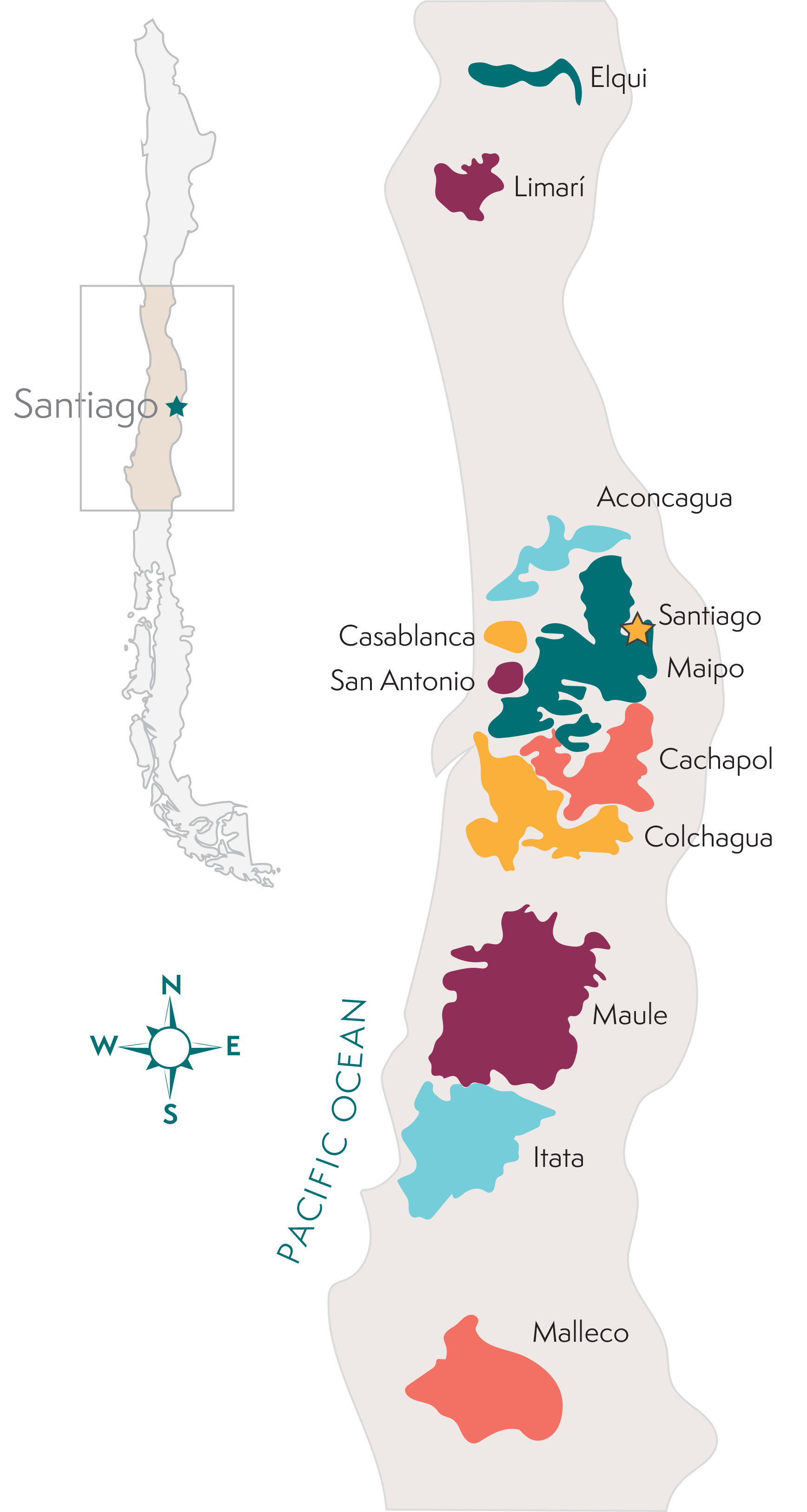 Map of Chile showing popular wine regions and major cities, including Santiago, where Popi Planella's Chilean Wine Country tailored tours are located.
