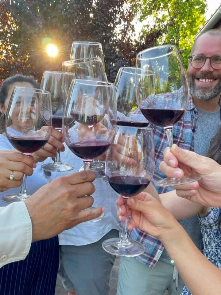 Group of people raising glasses of Chilean red wine in a toast outdoors with trees and sunlight in the background on a Chilean Wine Uncovered wine tour of Chile with Popi Planella.