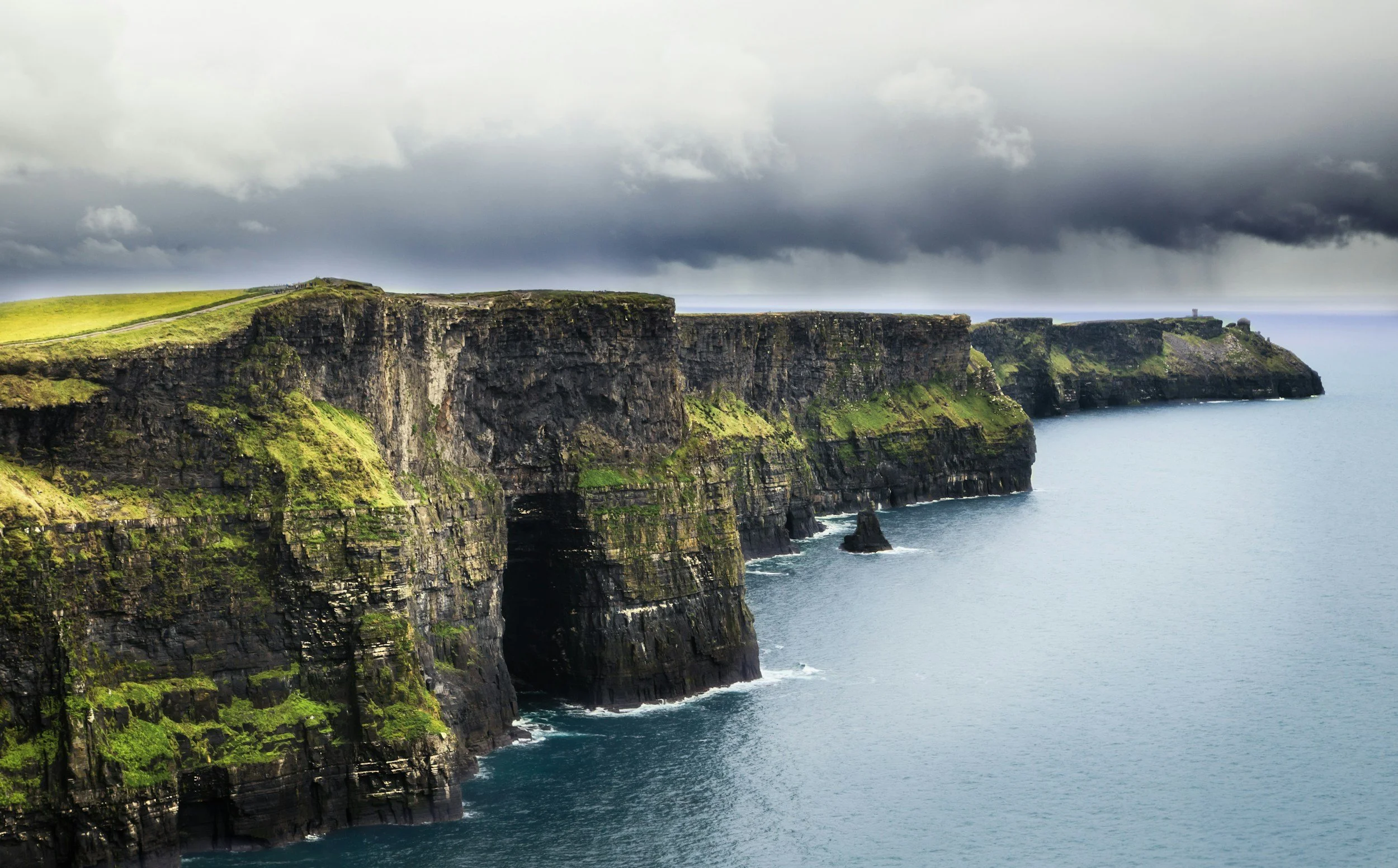 Cliffs along a coastline with dark clouds overhead and water below
