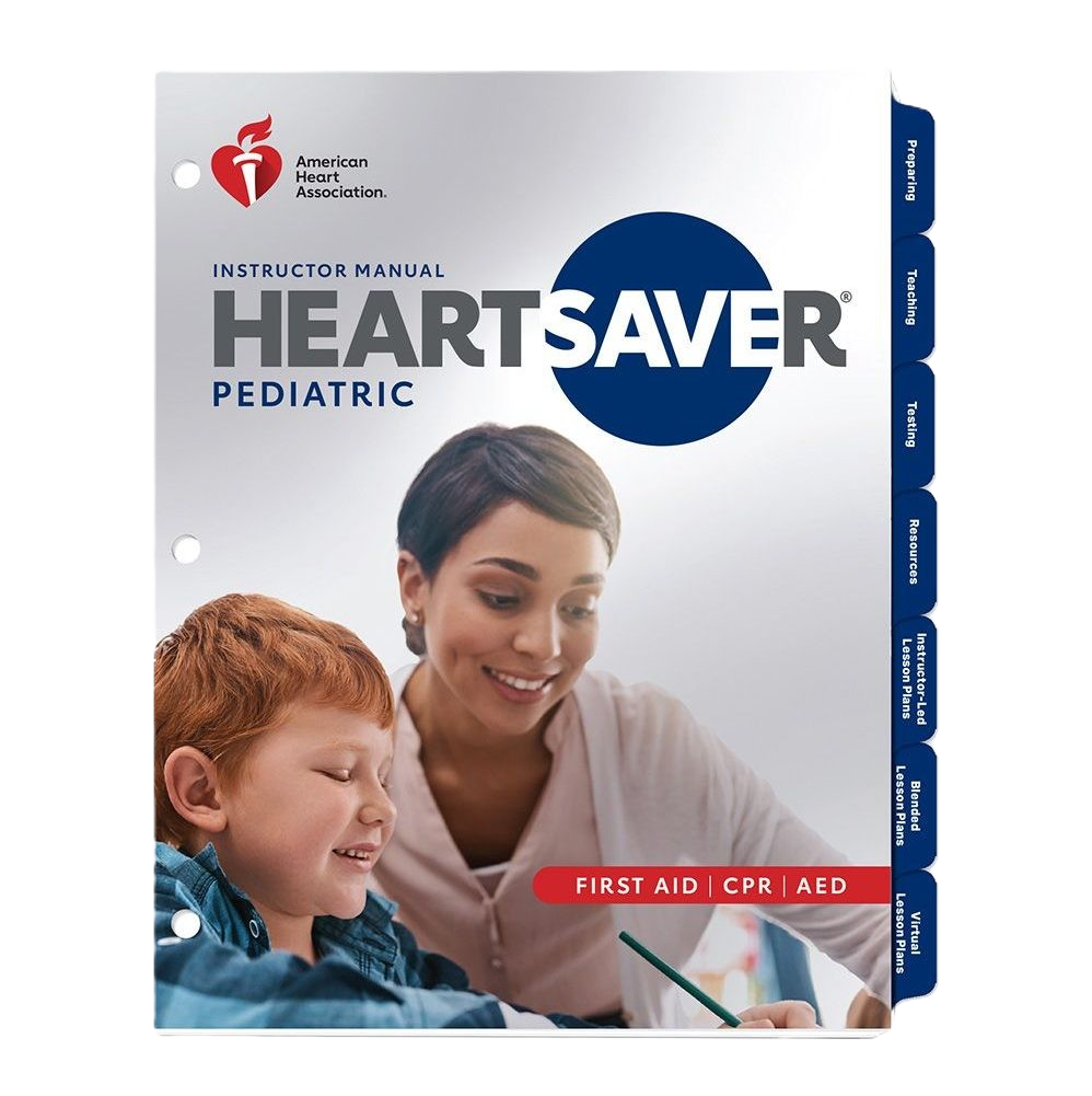 Cover of Heartsaver first aid CPR AED student workbook with collage of diverse people and children, American Heart Association logo, and red banner labeled 'Student Workbook'.