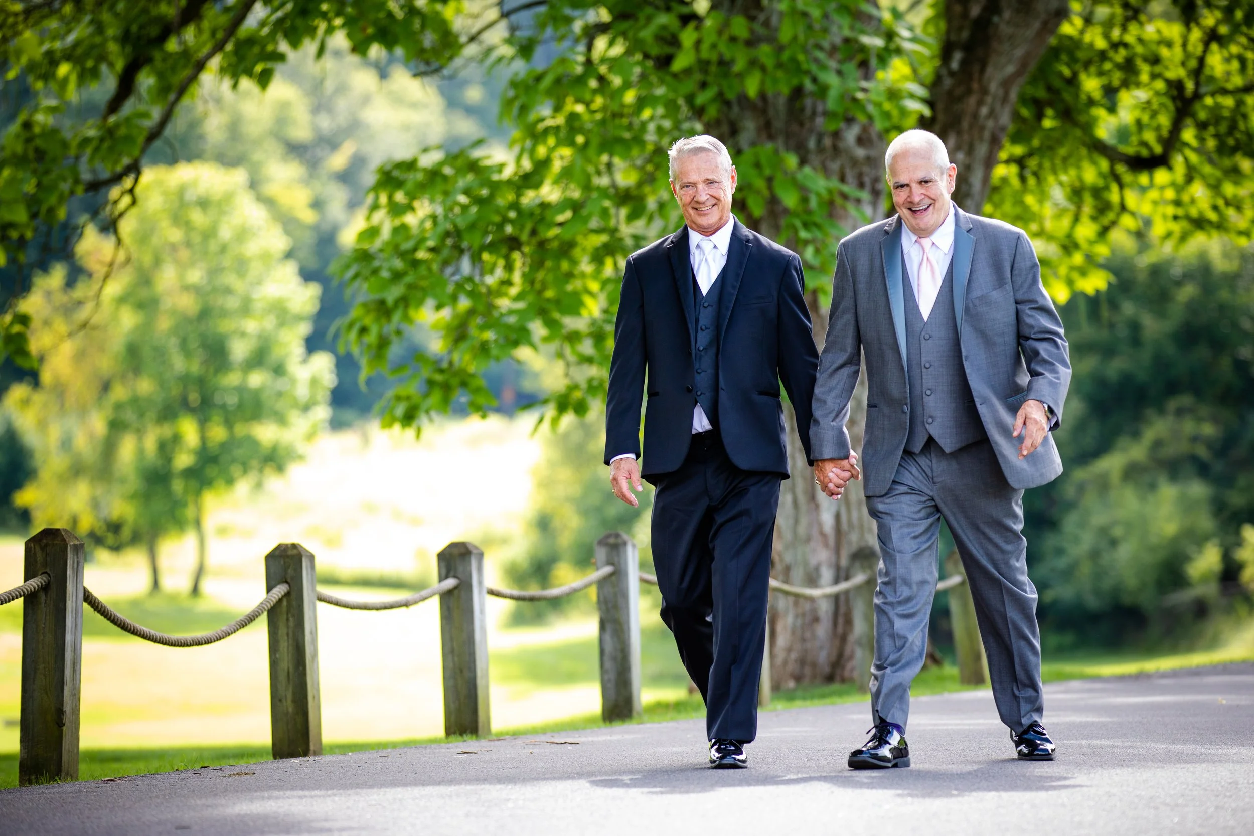 Two elderly men in suits walking hand-in-hand along a park pathway, surrounded by green trees and sunlight.