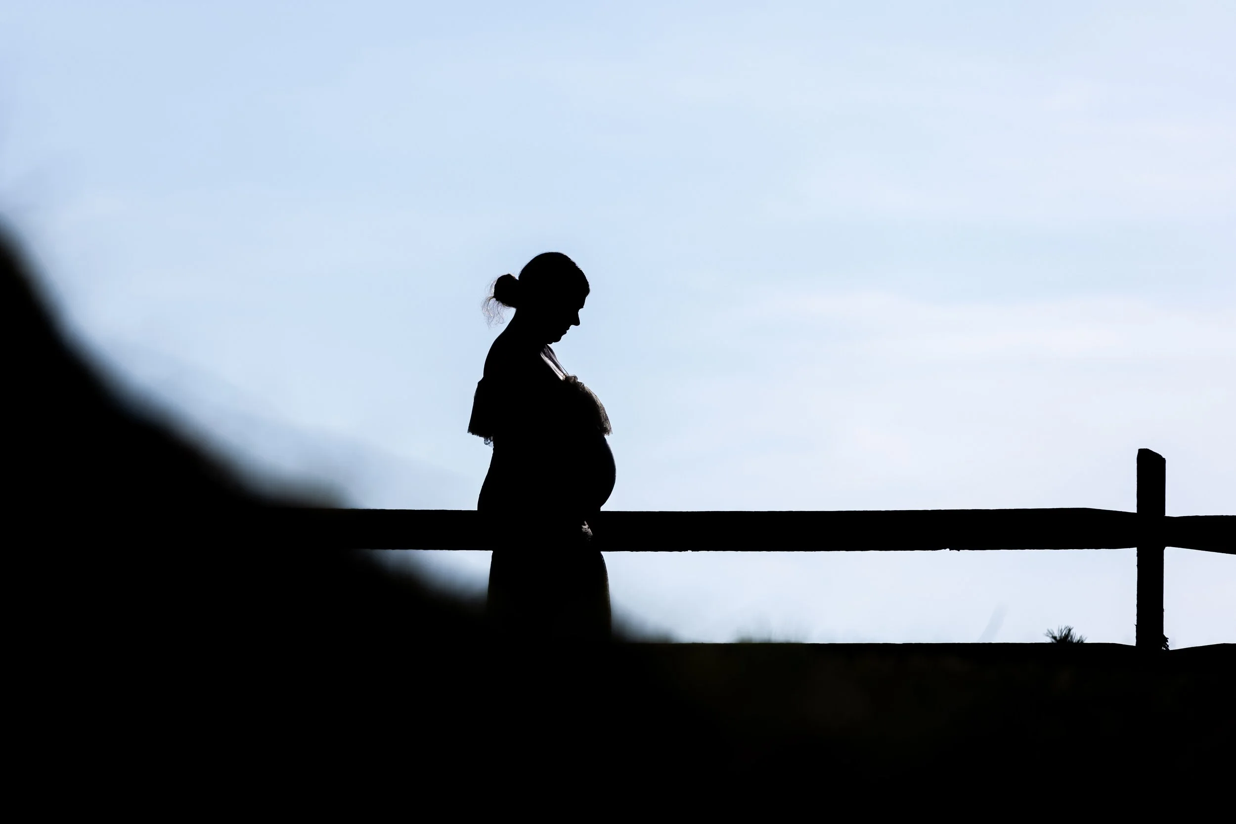 Silhouette of a pregnant woman looking down, standing near a wooden fence against a cloudy sky.