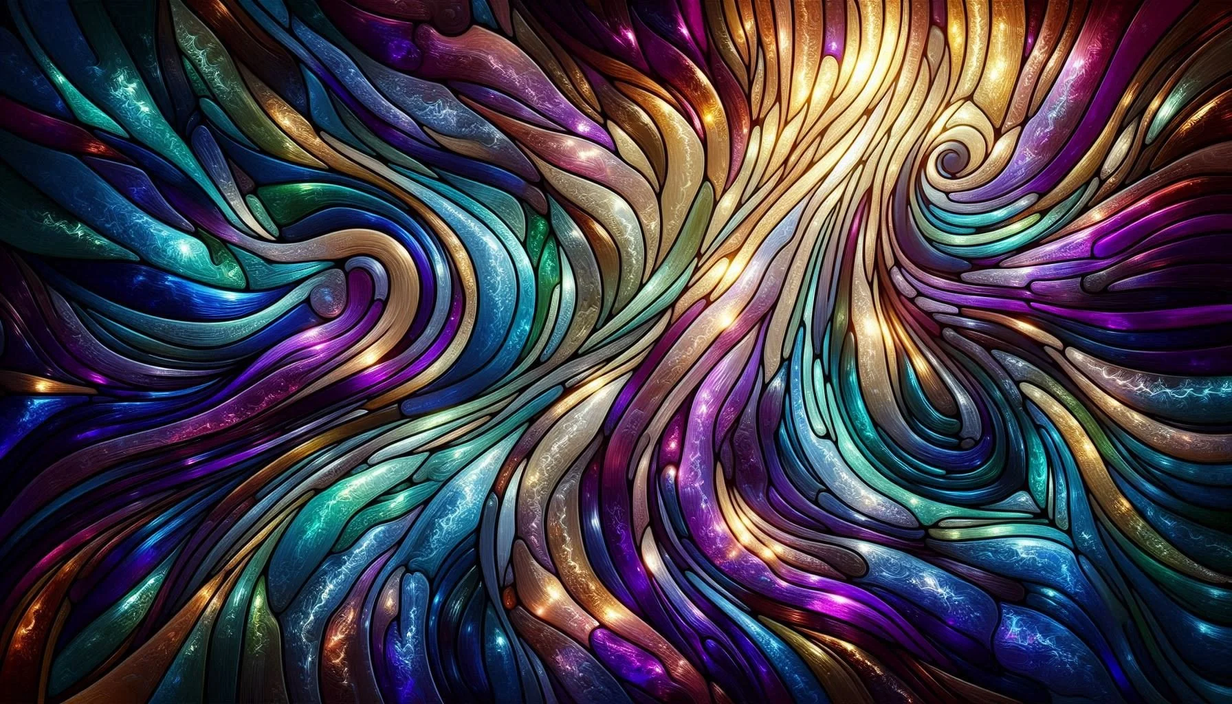 Modern stained glass design, with vibrant, colorful abstract swirl pattern with flowing, curved lines and shimmering textures and radiant light, used as a Christian-themed background for SummerTrahan.com.