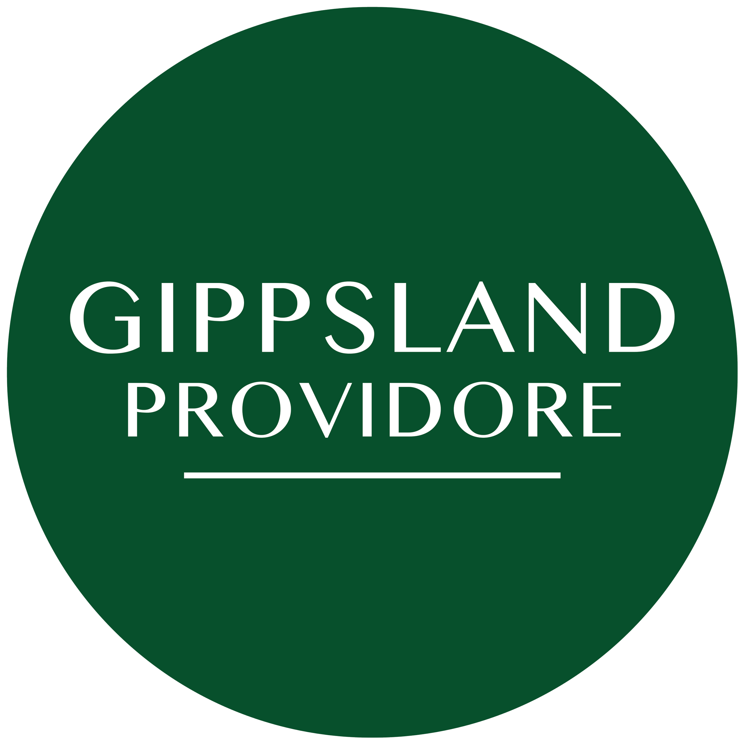 Green circular logo with white text that reads 'GIPPSLAND PROVIDORE' and a white underline.