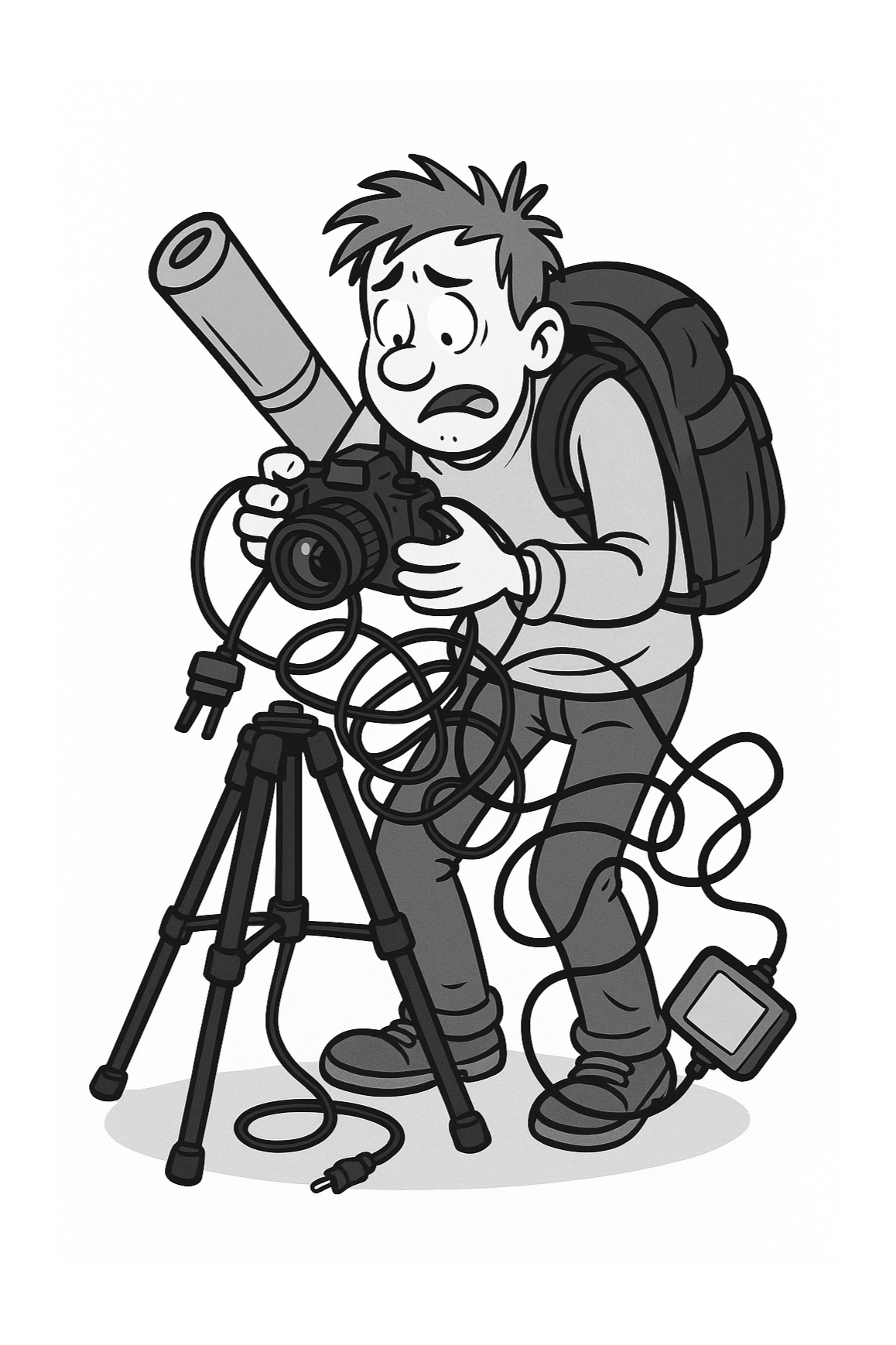 A cartoon boy set up for photography, looking worried, with camera and devices, standing next to a tripod.