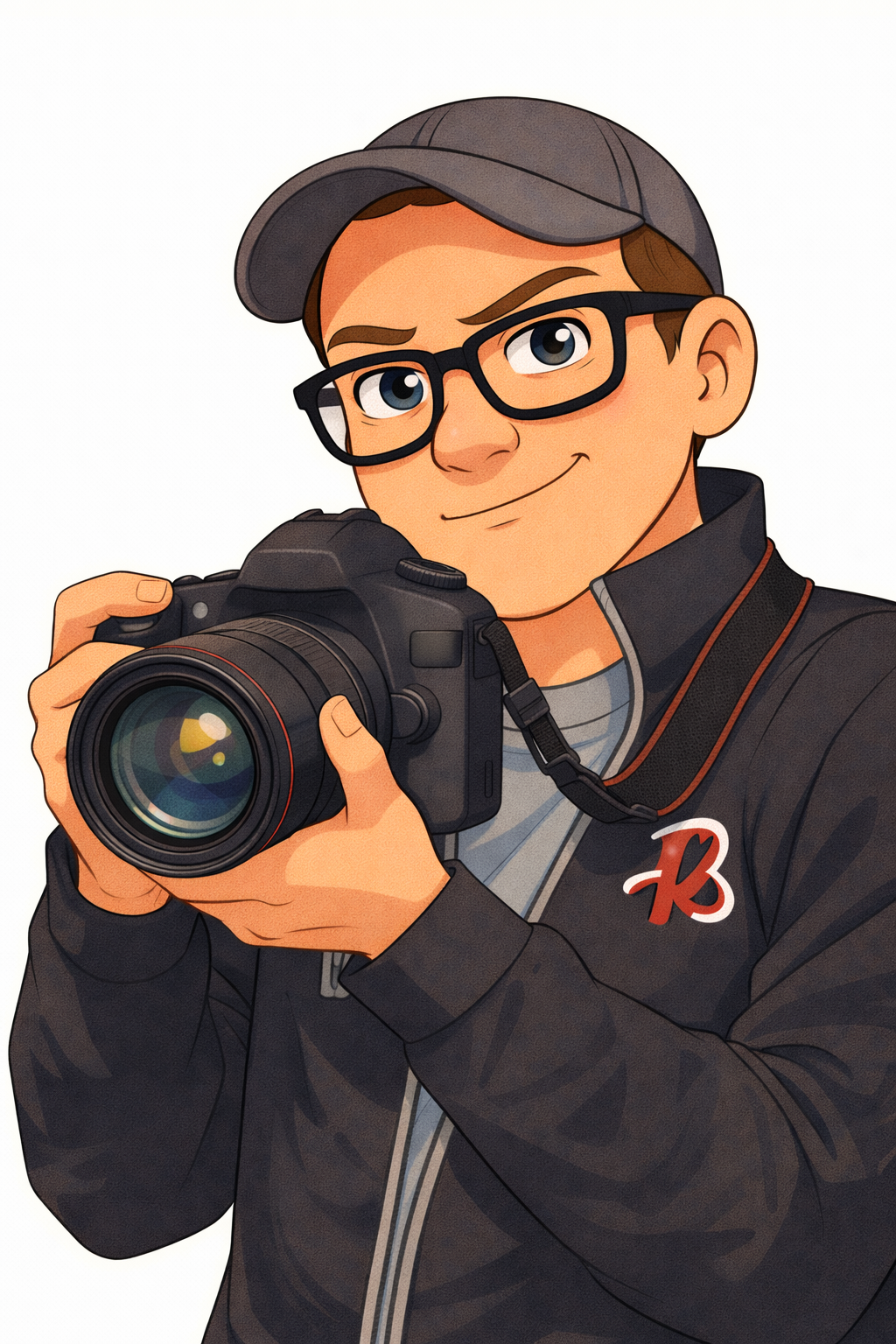 A cartoon person wearing glasses and a cap, holding a camera and smiling.