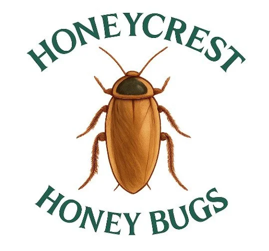 Illustration of a honey colored dubia in the center with the words "HONEYCREST HONEY BUGS" curved around it.
