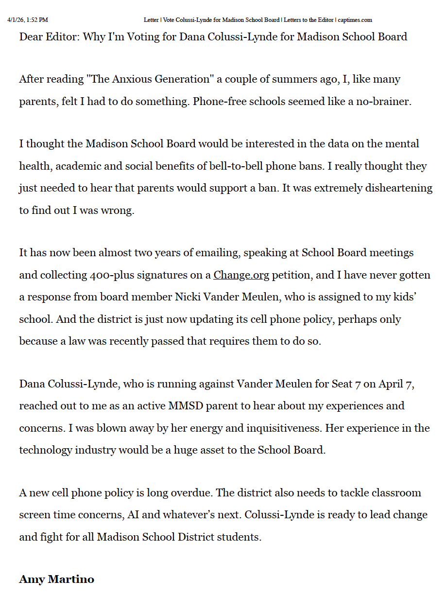 Cap Times Letter to Editor - Amy Martino