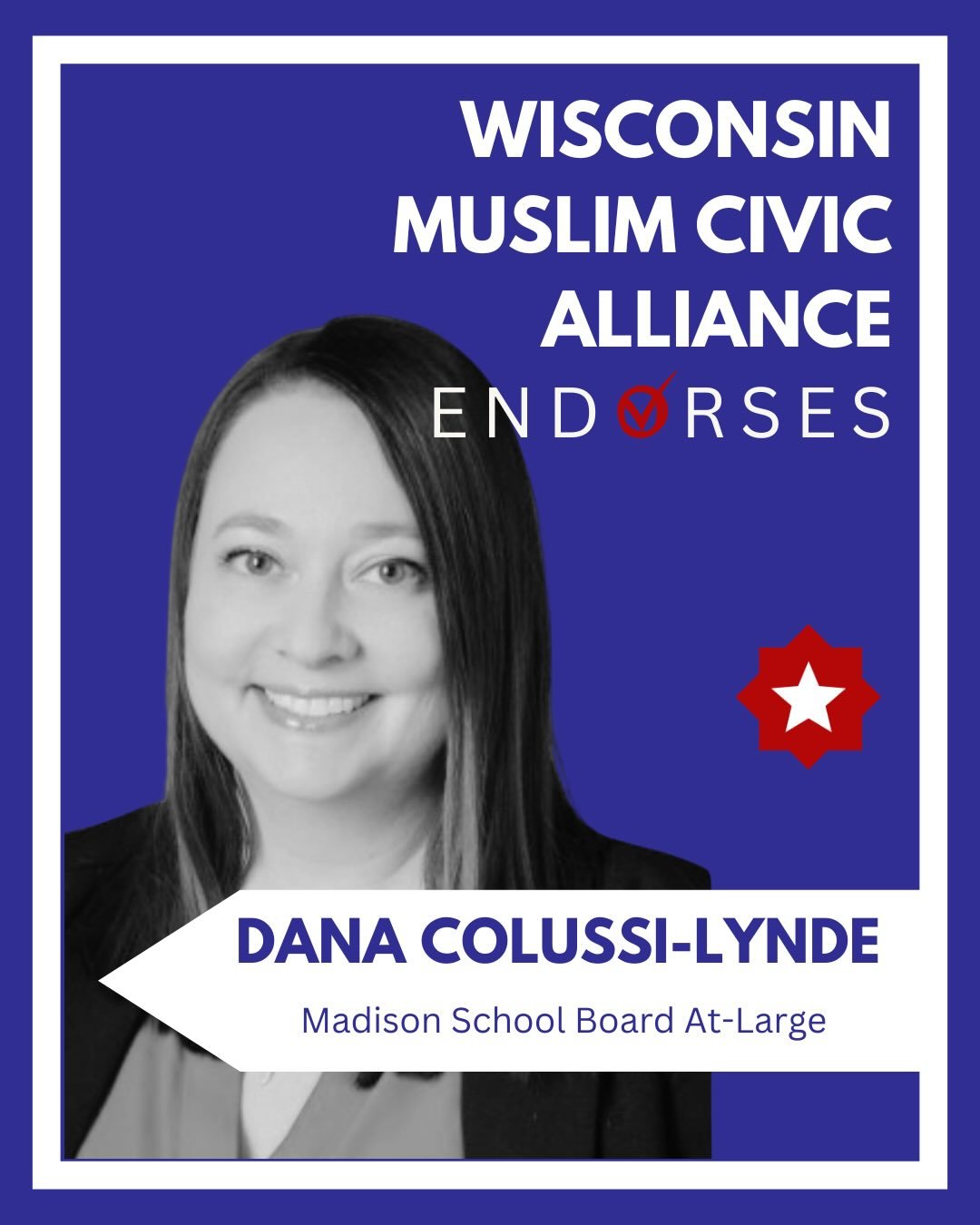 b&w image of smiling woman over blue background with white text