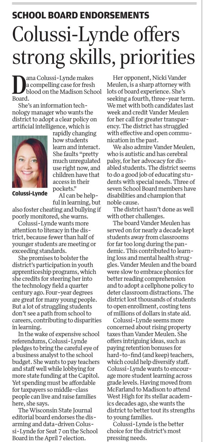 Endorsement article includes photo of smiling woman with red hair